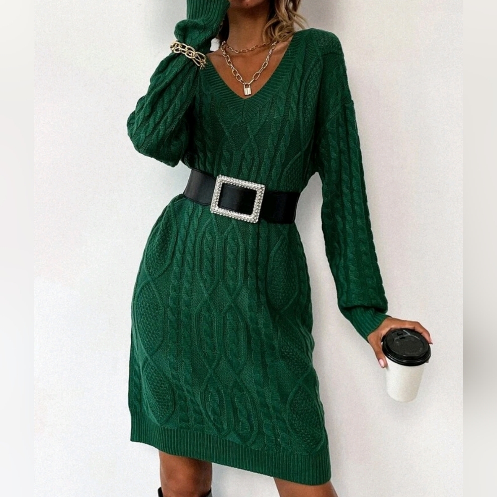 NEW Cable Knit Long Sleeve Sweater Dress Deep Green - Picture 2 of 9
